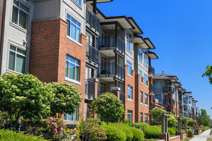 Modern apartment buildings in Richmond, British Columbia, Canada.